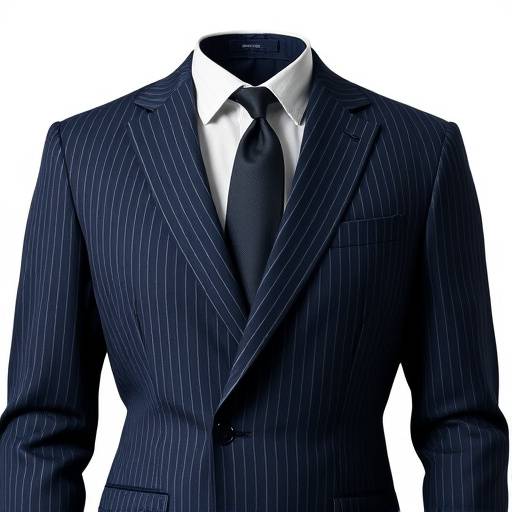 A sharp, single-breasted navy blue wool suit with a subtle pinstripe, featuring a notched lapel and two-button closure.