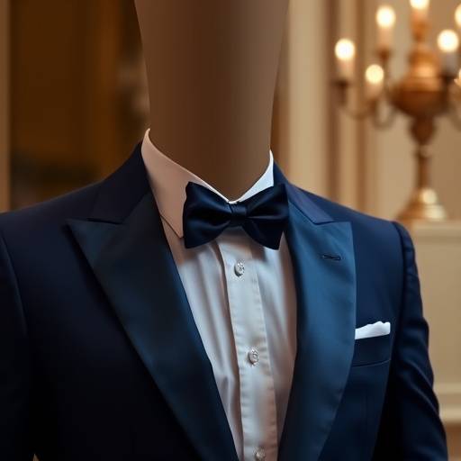 A sophisticated midnight blue dinner suit with satin lapels, designed for evening formal business events and galas.